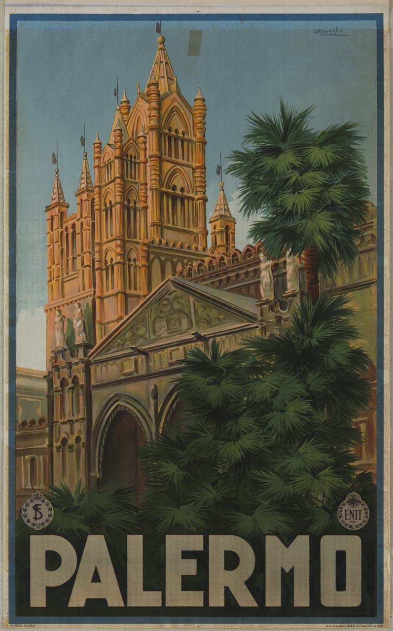 scorcio della cattedrale di Palermo e vegetazione in primo piano (manifesto) di Ravaglia A - ambito italiano (sec. XX)