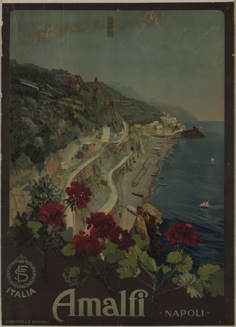veduta del golfo di Napoli con la costiera amalfitana e gerani rossi in primo piano (manifesto) di Borgoni Mario (sec. XX)