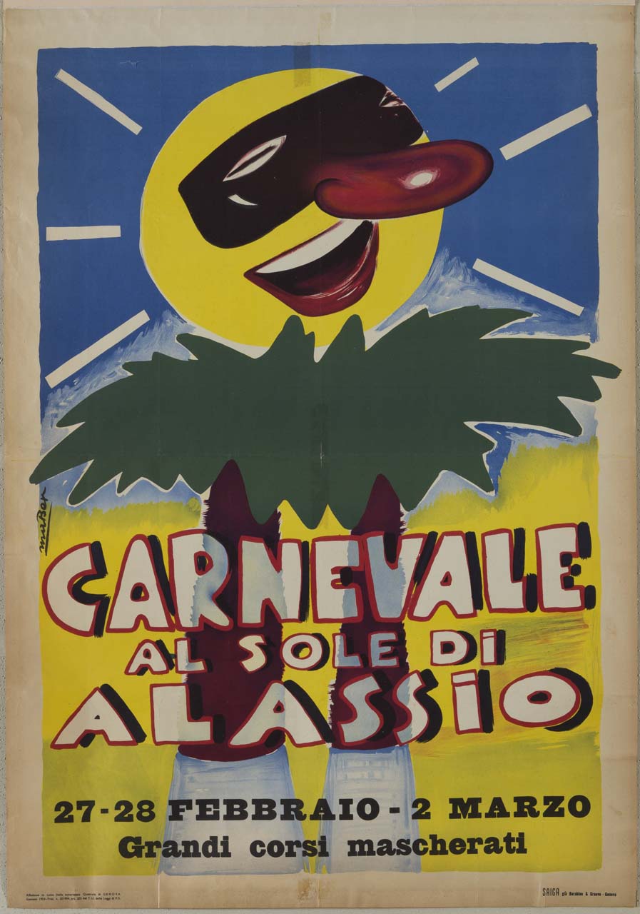 Sole animato sorridente con maschera, una spiaggia e due palme (manifesto) di Maber - ambito italiano (sec. XX)