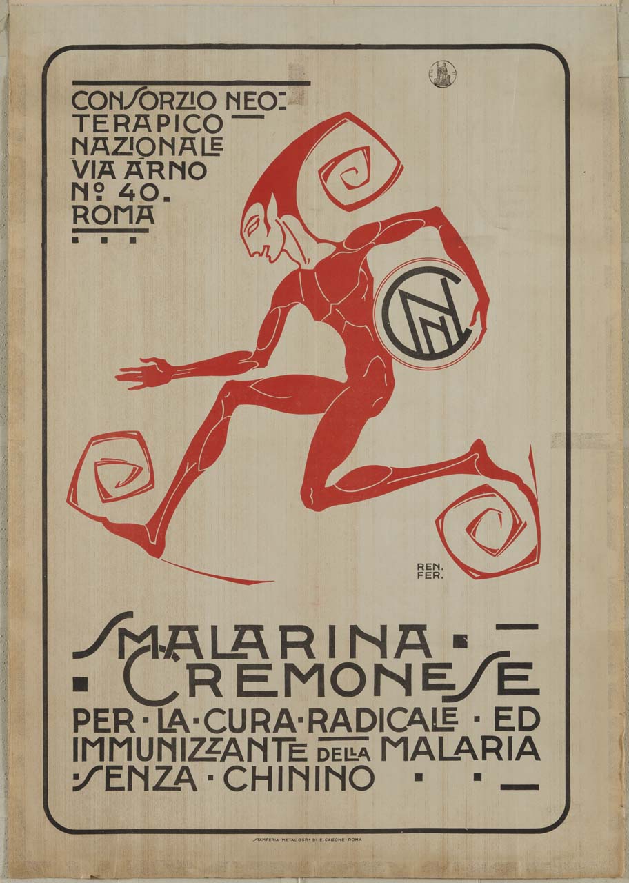 folletto rosso in corsa tiene in mano un disco (manifesto) - ambito italiano (sec. XX)
