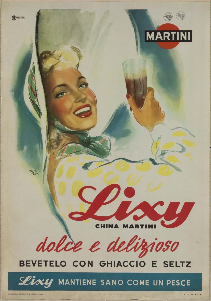 donna sorridente con ampio cappello e foulard regge bicchiere con China Martini (manifesto) di Rossi Mario (sec. XX)