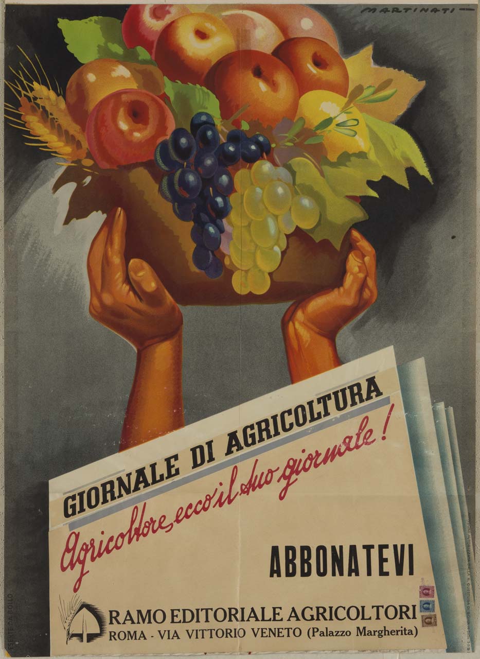 prima pagina del Giornale di Agricoltura da cui fuoriescono due braccia che sostengono un cesto di frutta (manifesto) di Martinati Luigi (sec. XX)