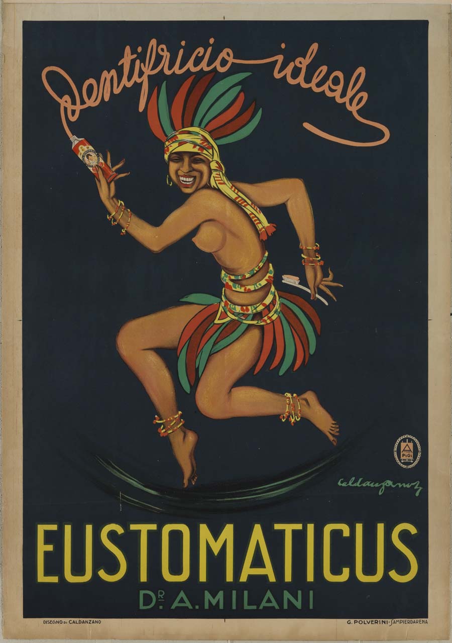 donna indigena danza in abito tradizionale con tubetto di dentifricio e spazzolino (manifesto) di Caldanzano Luigi Emilio (sec. XX)