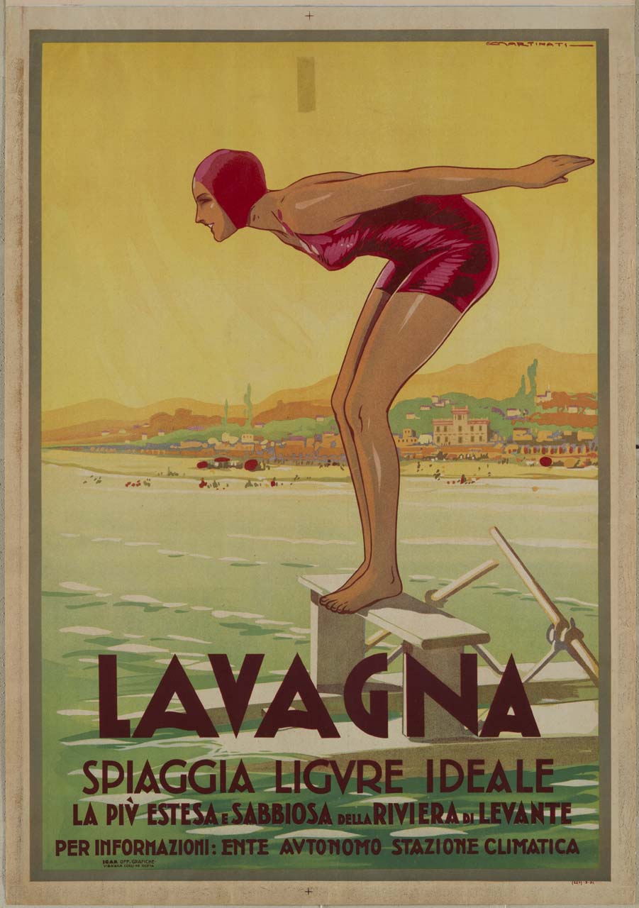 donna in procinto di tuffarsi da un pattino; una spiaggia sullo sfondo e all'orizzonte il promontorio di Portofino (manifesto) di Martinati Luigi (sec. XX)