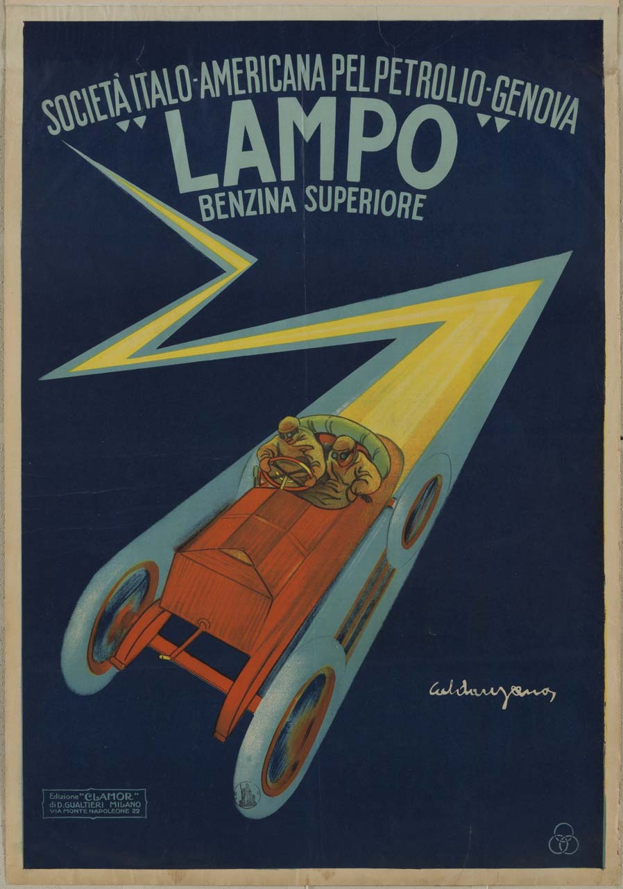 automobile in corsa con piloti e scia a forma di saetta (manifesto) di Caldanzano Luigi Emilio (sec. XX)