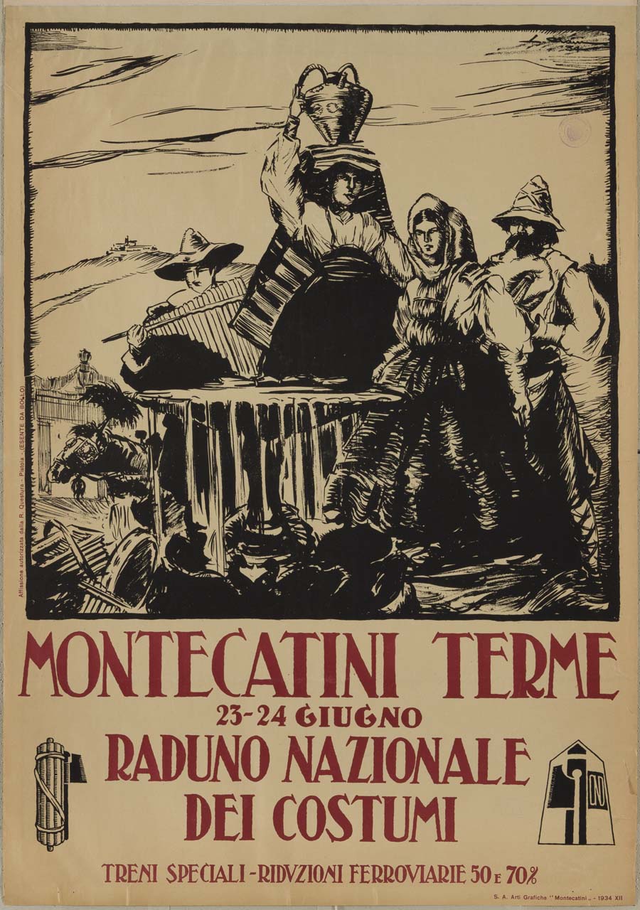 donne e uomini in costume tradizionale cpn strumenti musicali e cavallo bardato attorno ad una fontana (manifesto) di Ciani Luigi (sec. XX)