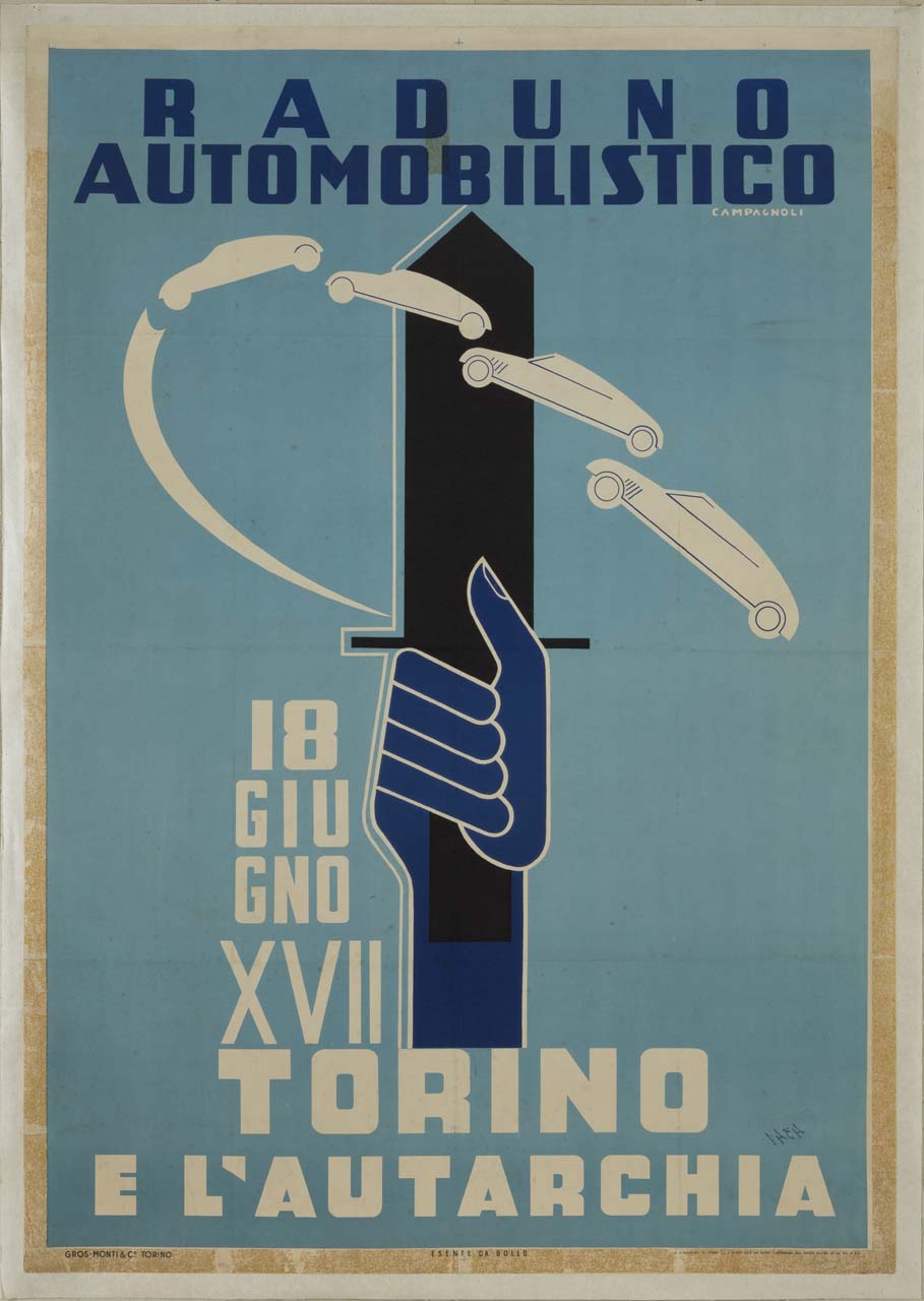 mano con pugnale e automobili (manifesto) di Campagnoli Adalberto (sec. XX)