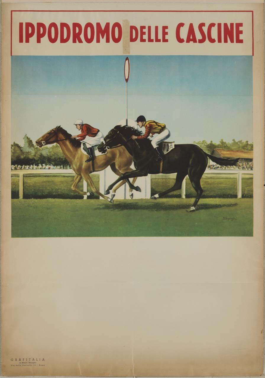 due cavalli al galoppo all'Ippodromo delle Cascine (manifesto) di Spighi - ambito italiano (sec. XX)