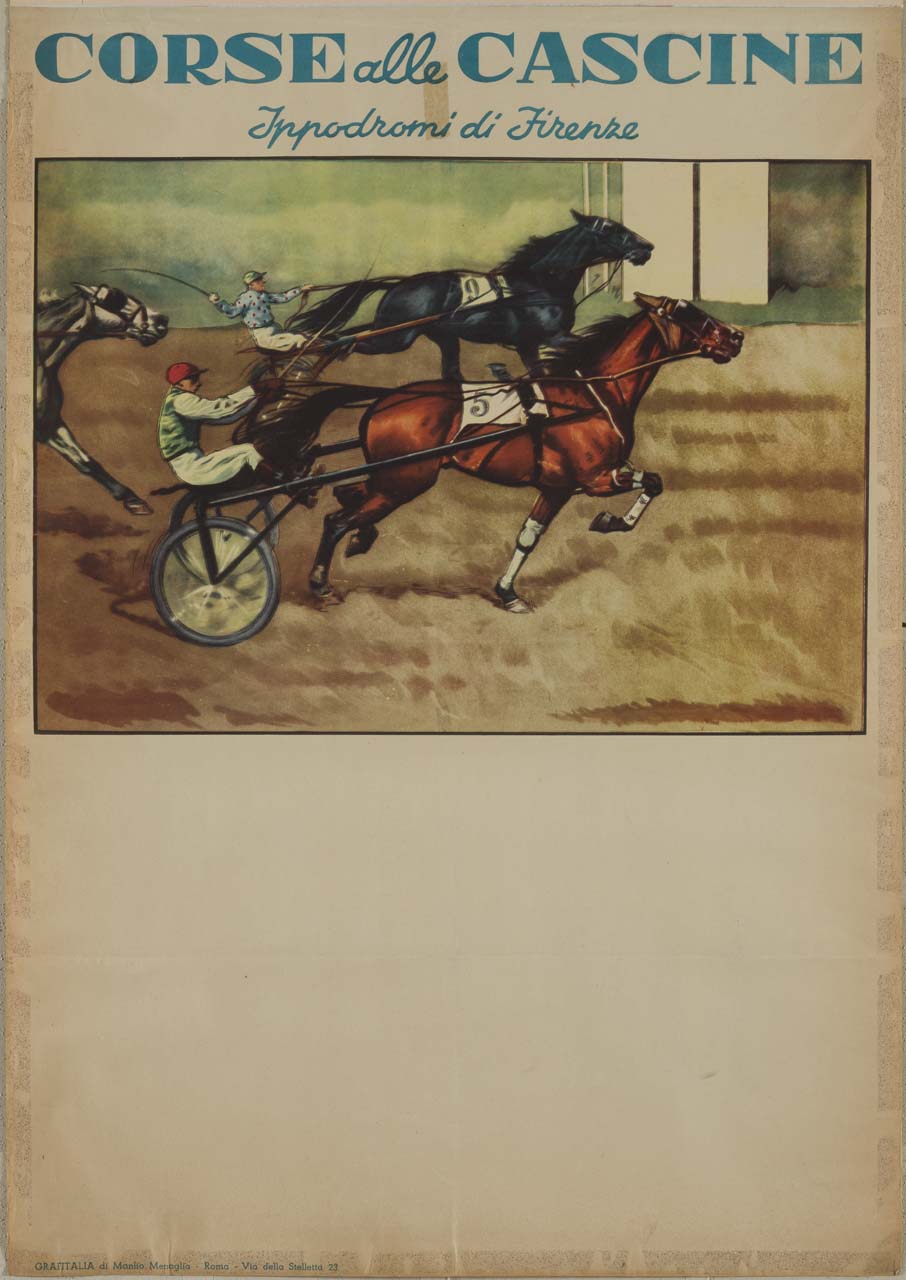 due cavalli al trotto stanno per essere raggiunti da un terzo cavallo (manifesto) - ambito italiano (sec. XX)