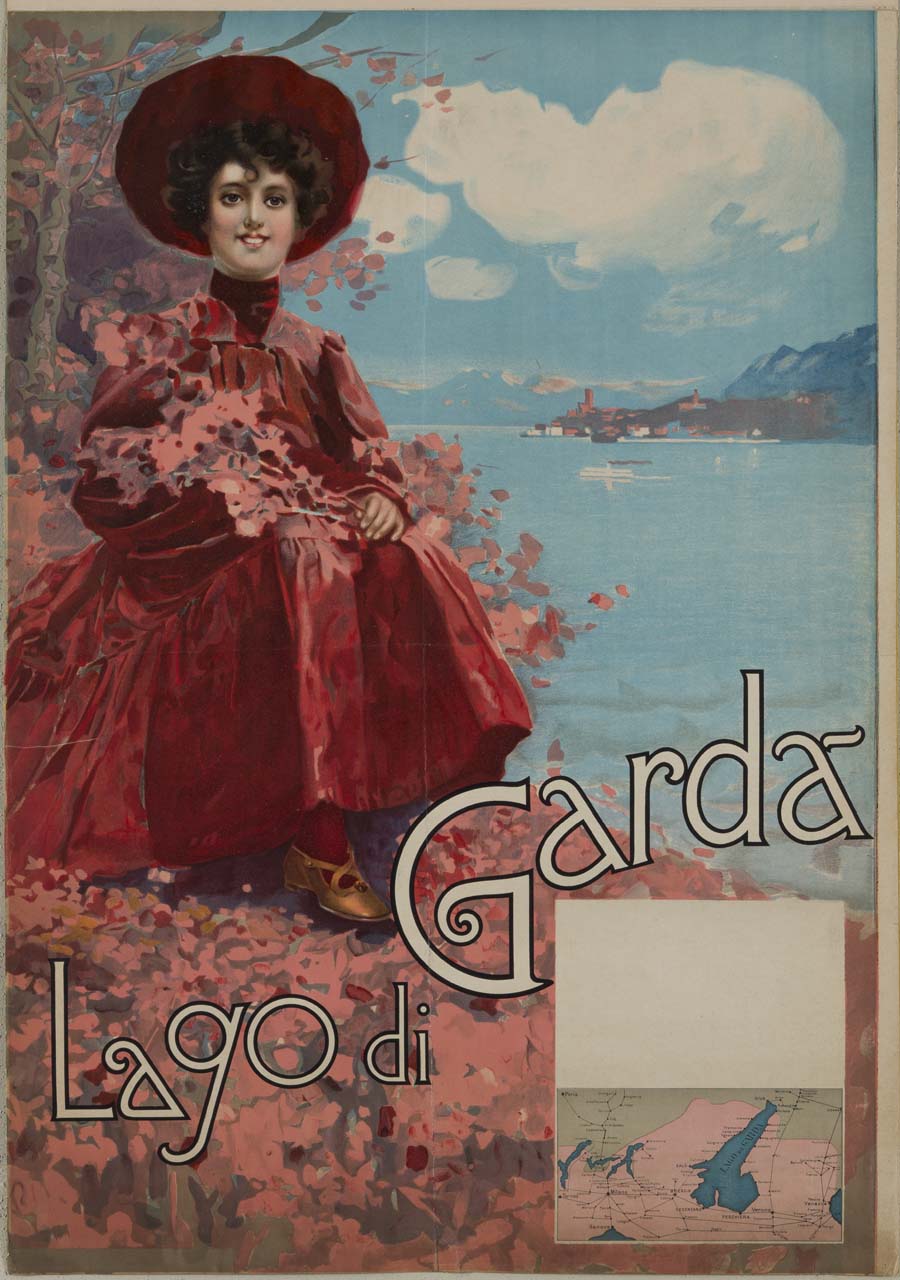 donna in abito rosso con mazzo di fiori rosa seduta su un prato fiorito sul Lago di Garda; sullo sfondo il paese di Malcesine; in basso lo spazio per gli orari dei piroscafi e la carta geografica (manifesto) - ambito italiano (inizio sec. XX)