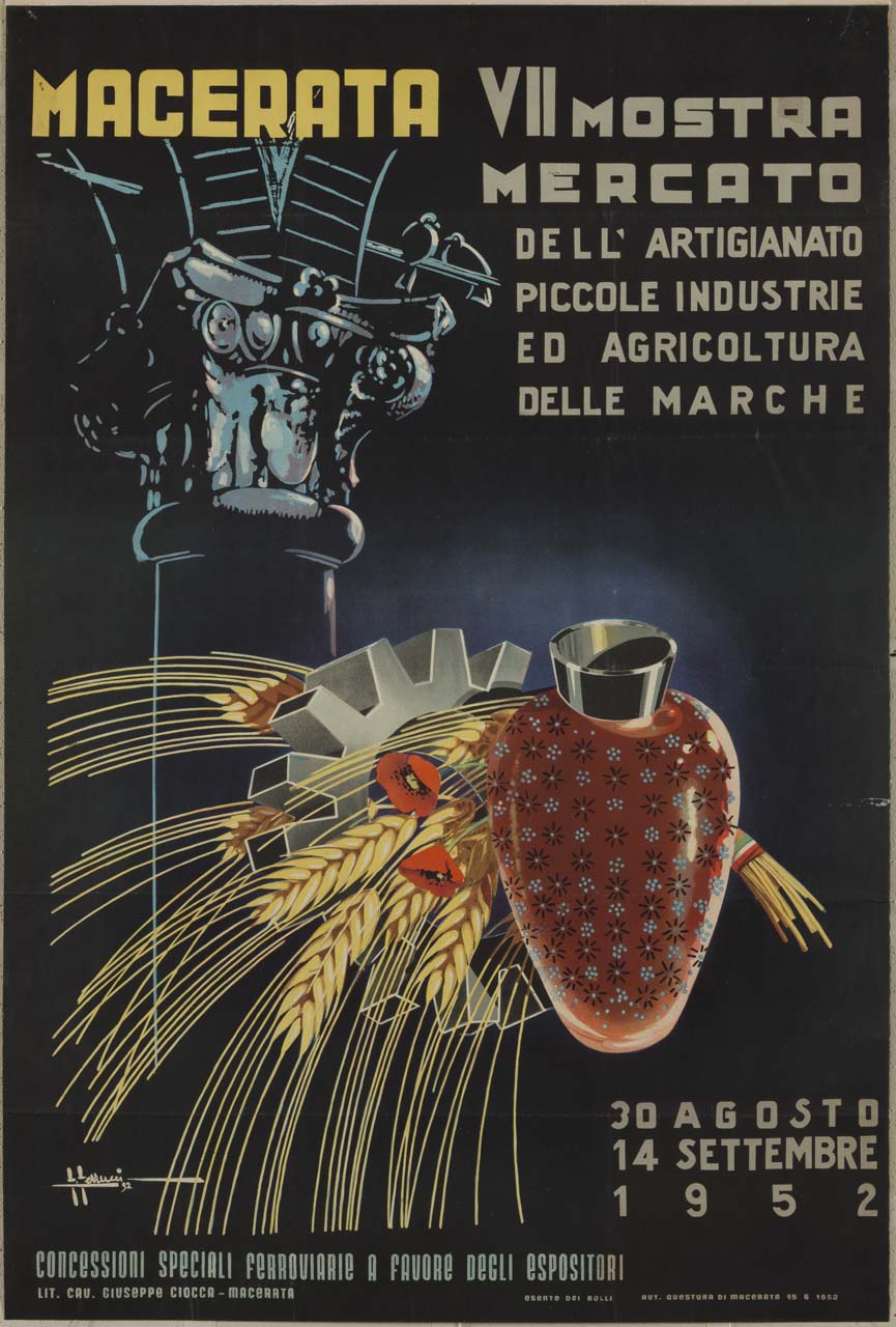 vaso, fascio di spighe legato con nastro tricolore e ruota dentata; colonna e capitello corinzio (manifesto) di Ferrucci Franco (sec. XX)