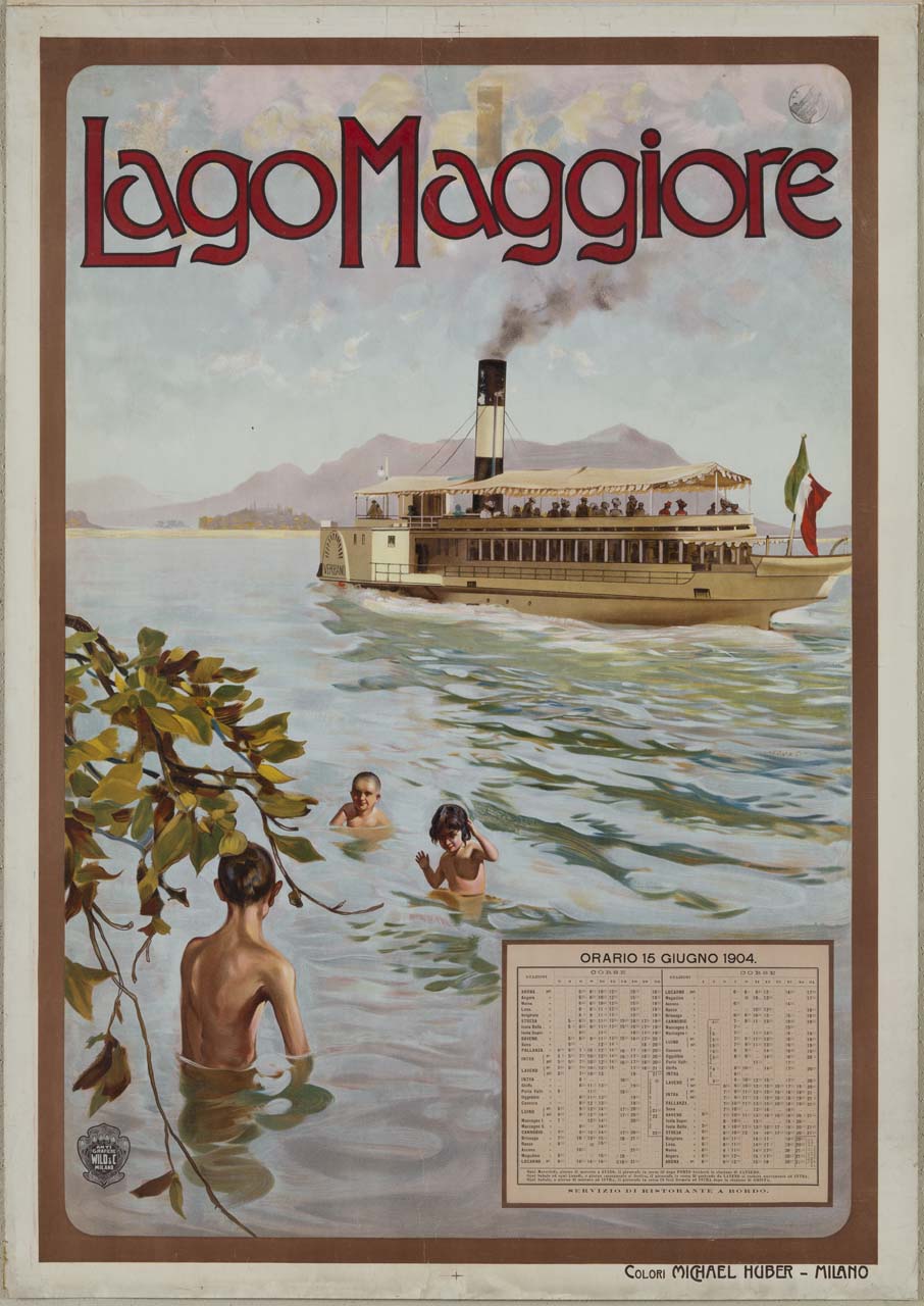 tre bambini giocano in acqua nel Lago Maggiore, mentre il piroscafo Verbano transita alle loro spalle in prossimità dell'Isola Bella (manifesto) - ambito italiano (sec. XX)