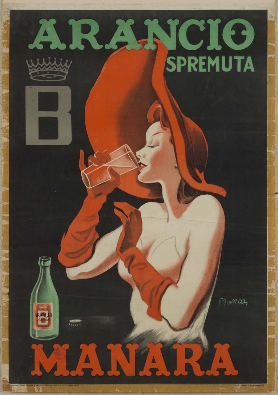 donna con cappello e guanti rossi beve da un bicchiere mentre la bottiglia è aperta a fianco (manifesto) di Manca Giovanni (sec. XX)