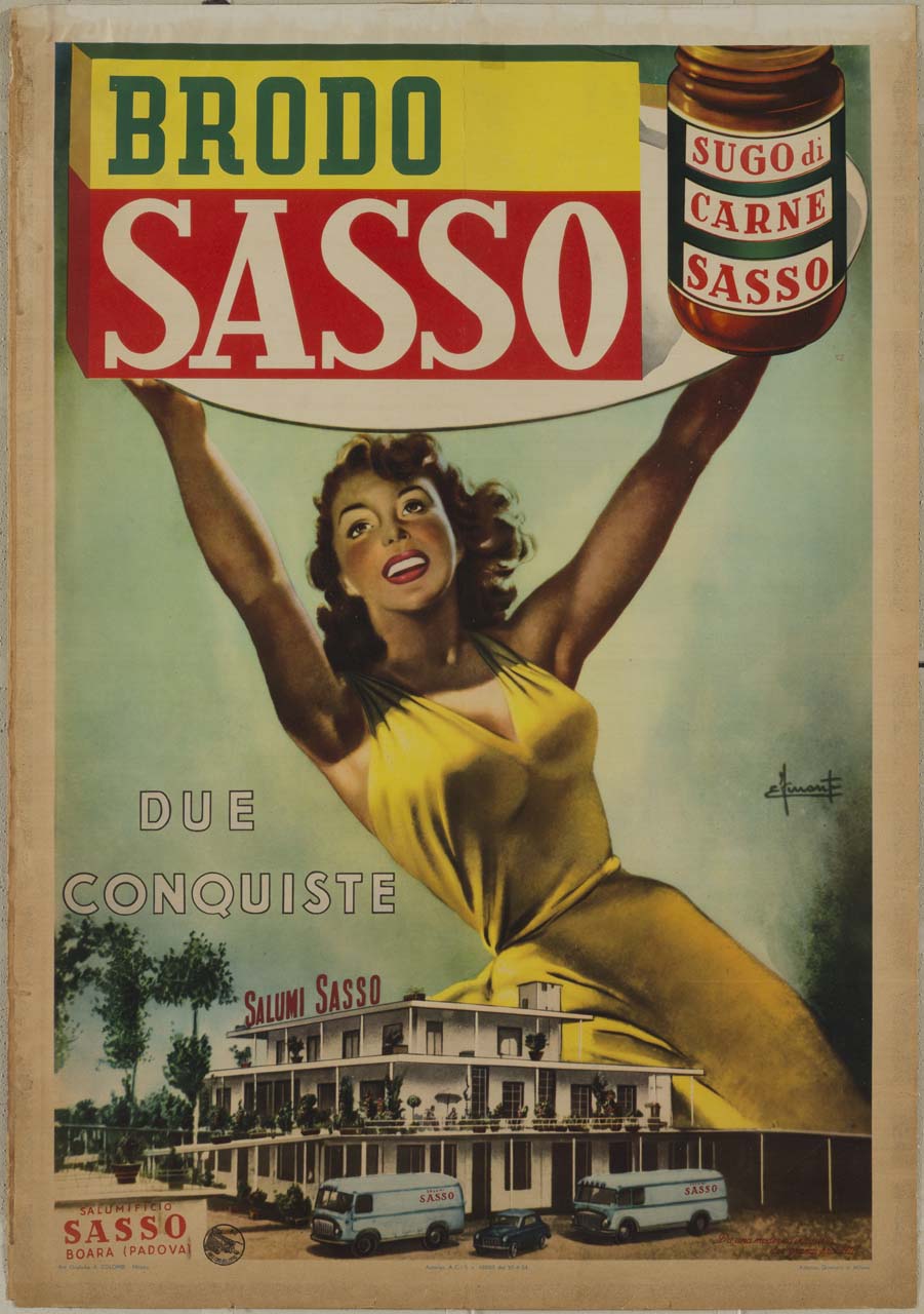 donna sorridente in abito giallo regge vassoio con preparato per brodo e barattolo di sugo (manifesto) di Ferrante Erasmo (sec. XX)