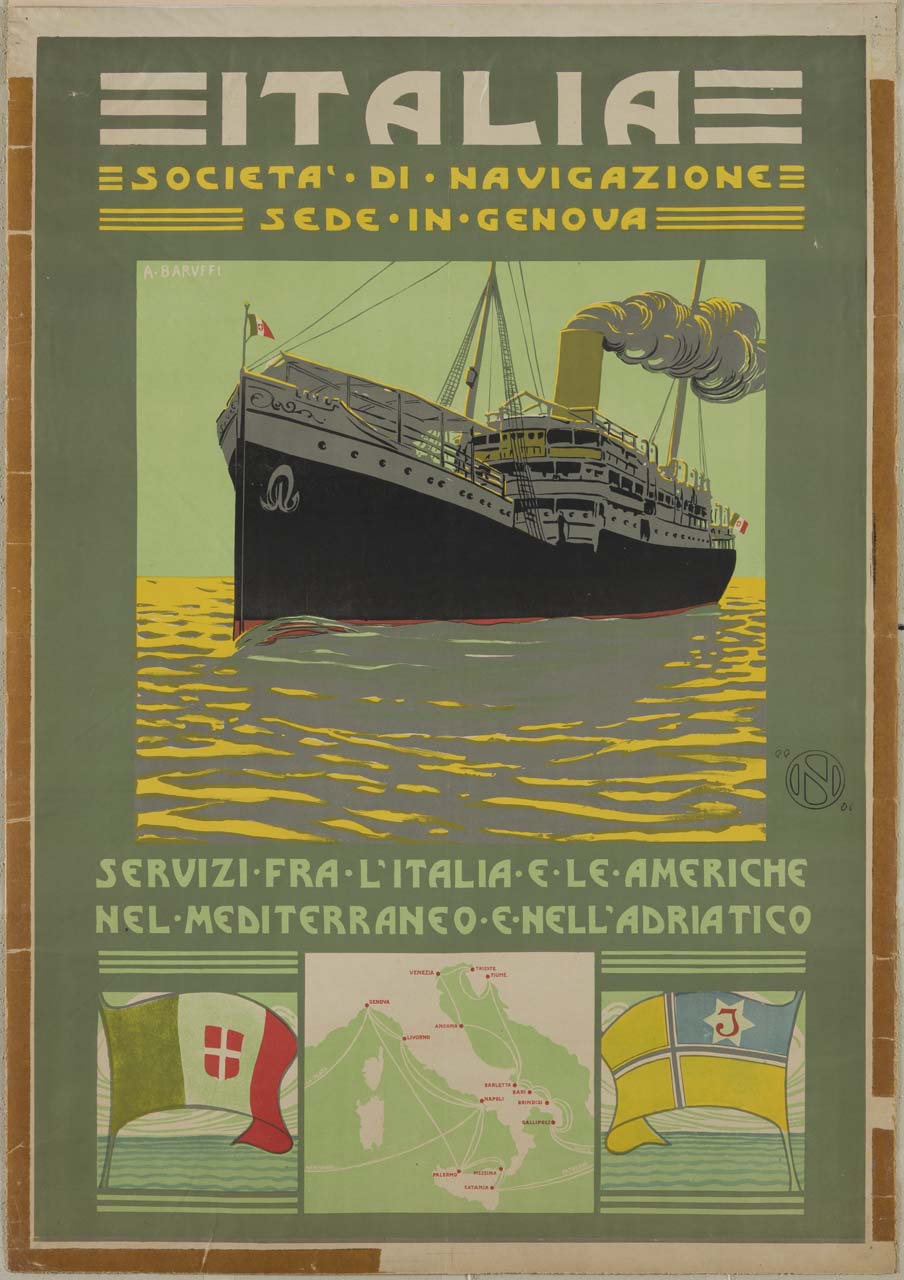 transatlantico in navigazione con bandiera italiana e cartina dell'Italia con rotte nautiche (manifesto) di Baruffi Alfredo detto Barfredo (sec. XX)