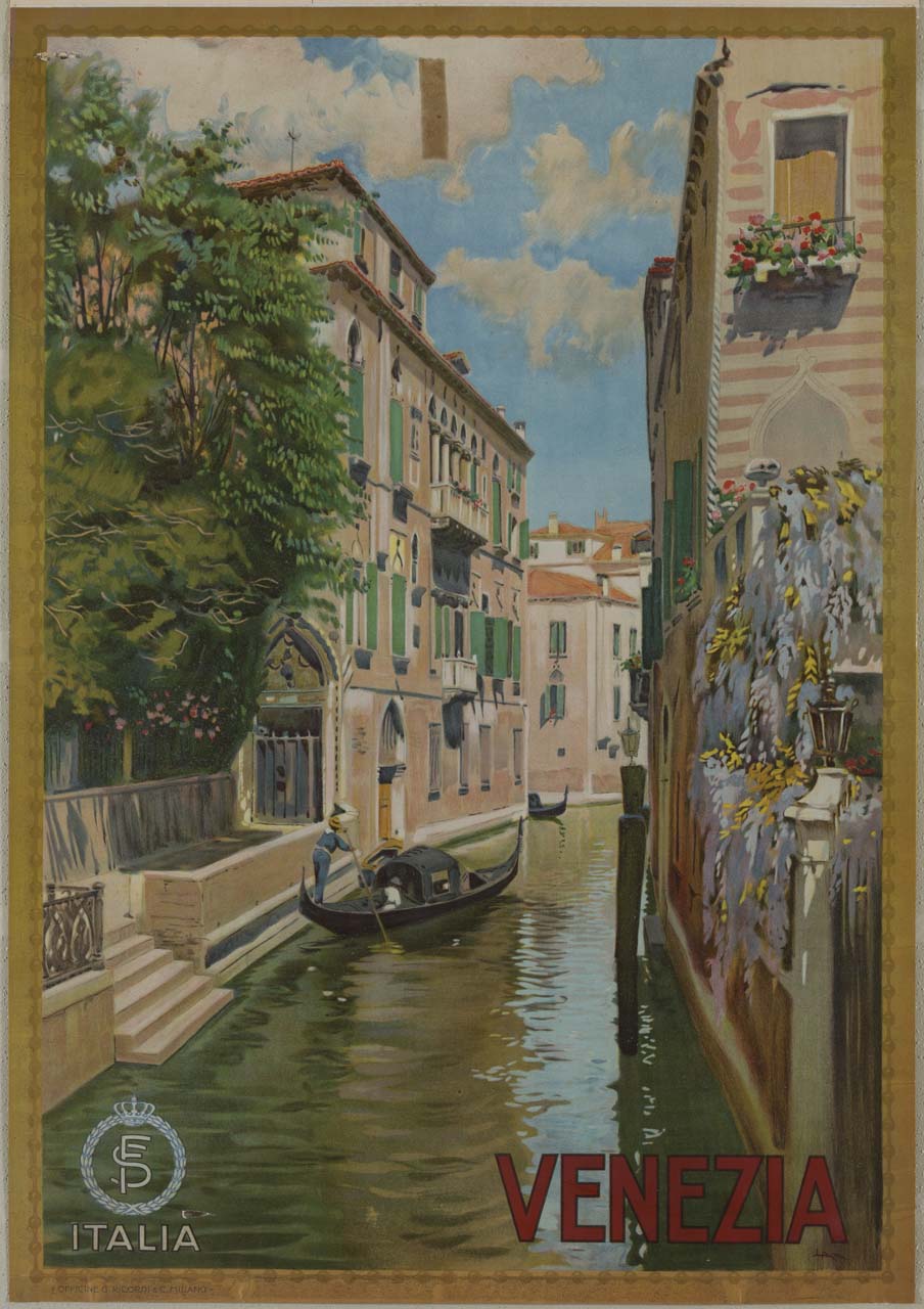 veduta di un rio di Venezia con gondole ed edifici affacciati (manifesto) di Metlicovitz Leopoldo (inizio sec. XX)