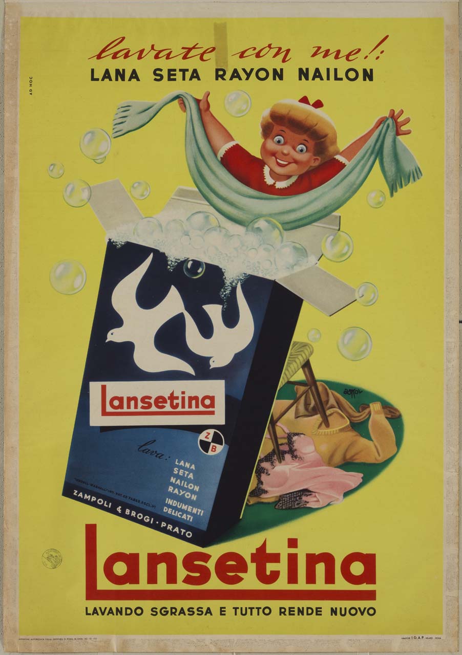 donna sorridente lava la biancheria in una confezione di sapone (manifesto) di Bottoli Matteo (sec. XX)