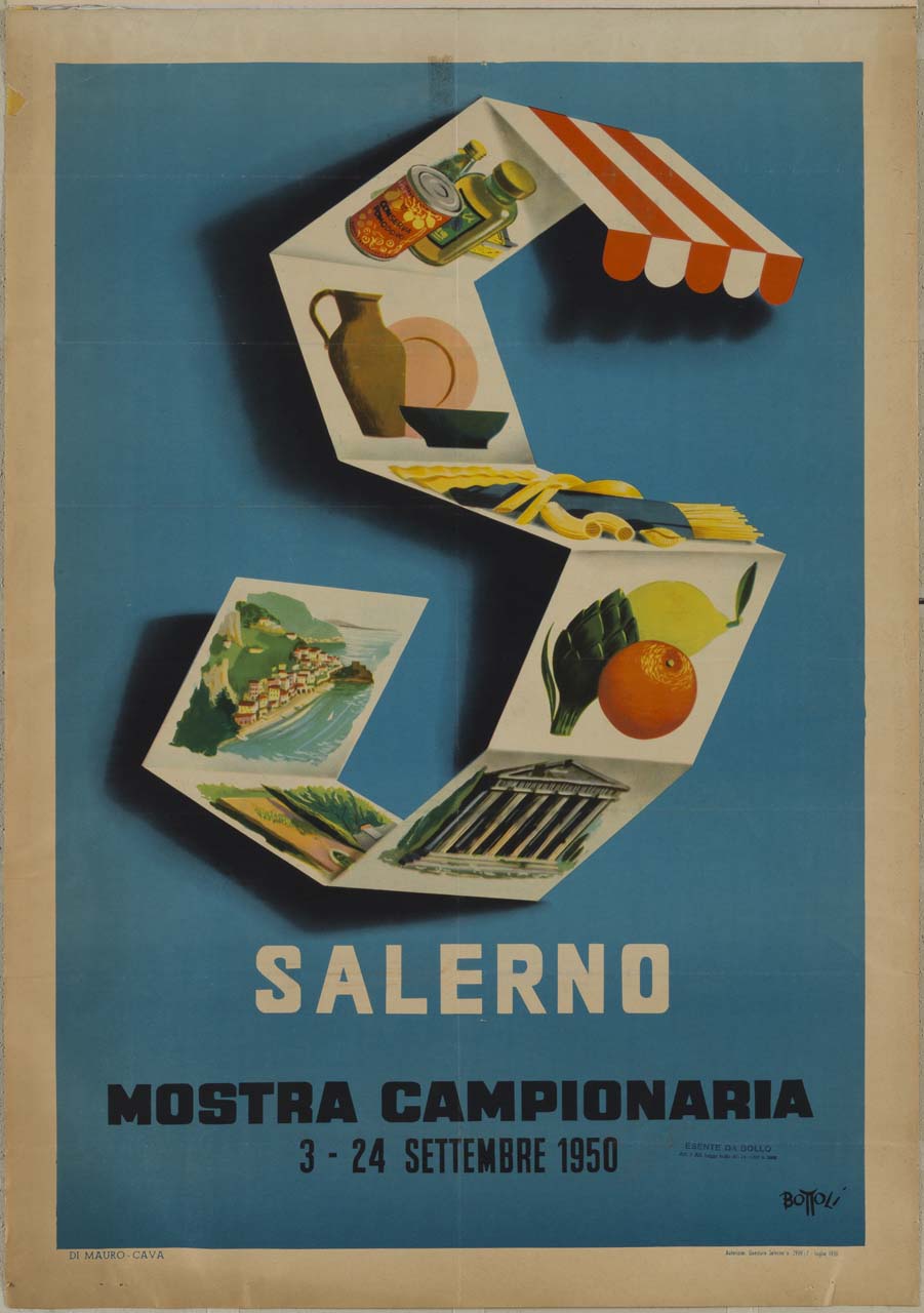 lettera S composta da cartoline raffiguranti prodotti tipici e monumenti di Salerno (manifesto) di Bottoli Matteo (sec. XX)