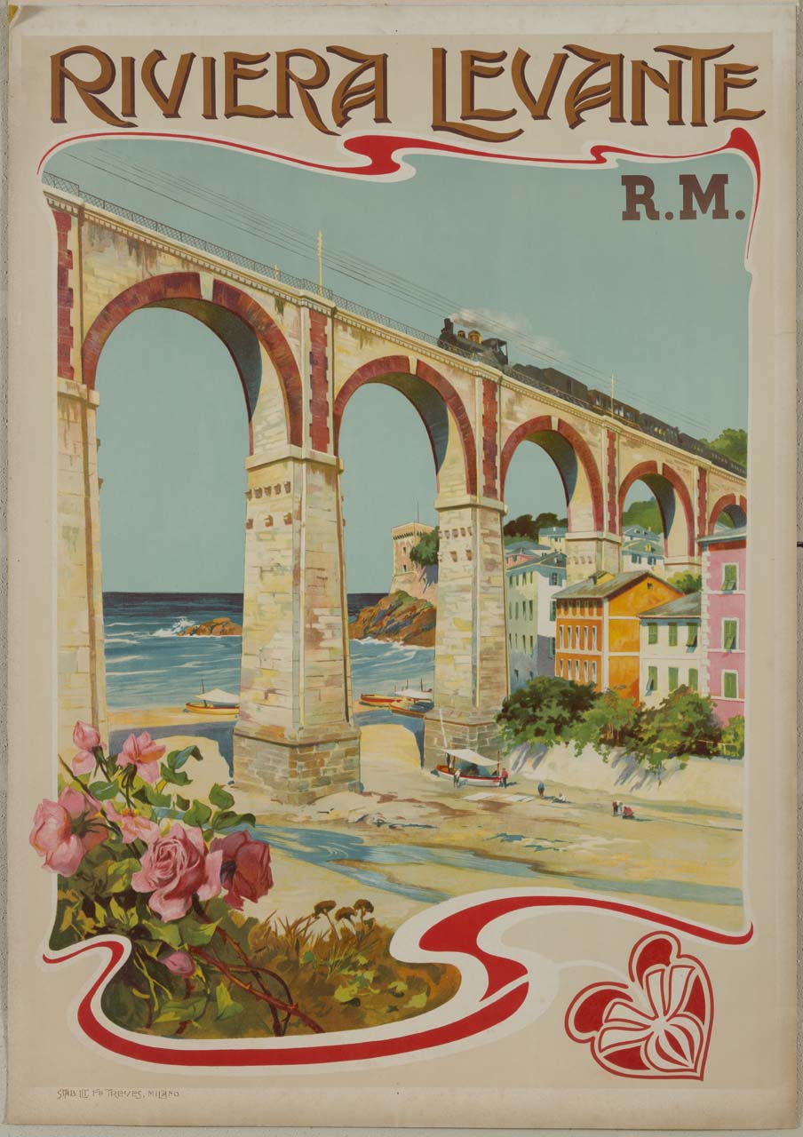 treno in transito lungo una ferrovia passante al di sopra di una spiaggia della Riviera di Levante (manifesto) - ambito italiano (sec. XX)