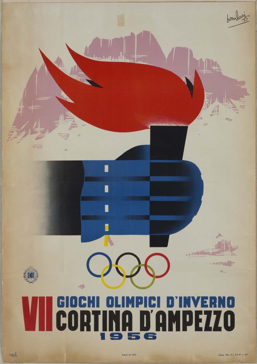la mano del tedorfo porta la fiamma olimpica nel paese di Cortina d'Ampezzo rappresentato dal massiccio delle Tofane; in basso i cinque cerchi olimpici (manifesto) di Bonilauri Mario (sec. XX)