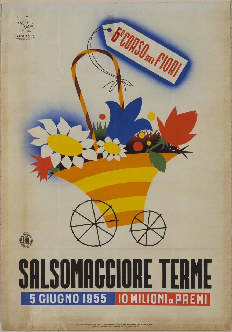 cestino traboccante di fiori animato da due ruote; sul manico un cartiglio con la scritta del 6 Corso dei fiori (manifesto) di Bonilauri Mario (sec. XX)