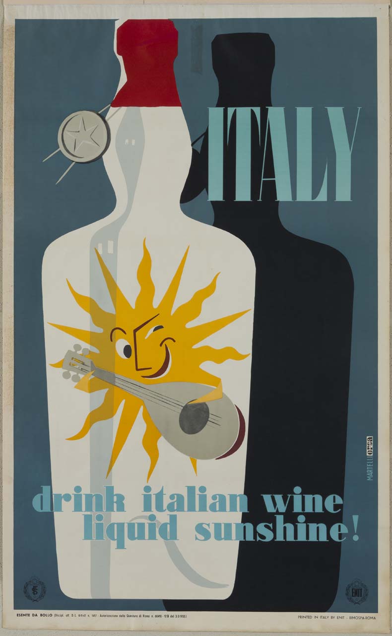 disegno di una bottiglia di vino, che proietta la sua ombra, sul cui recto compare il sole animato che suona un mandolino (manifesto) di Martelli Alessandro, Studio Orsa (sec. XX)