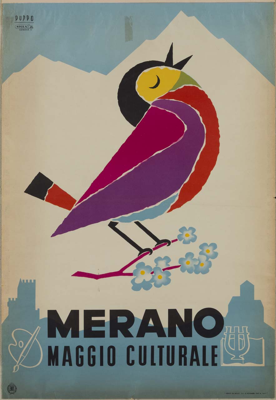 uccellino su ramo fiorito con profilo di città e montagne sullo sfondo (manifesto) di Puppo Mario (sec. XX)