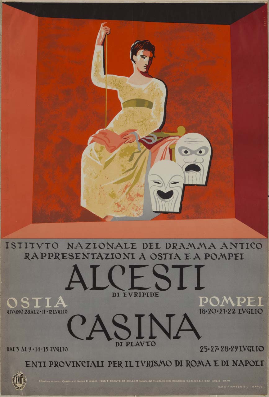 donna in abito giallo siede su palcoscenico con due maschere teatrali (manifesto) di Puppo Mario (sec. XX)