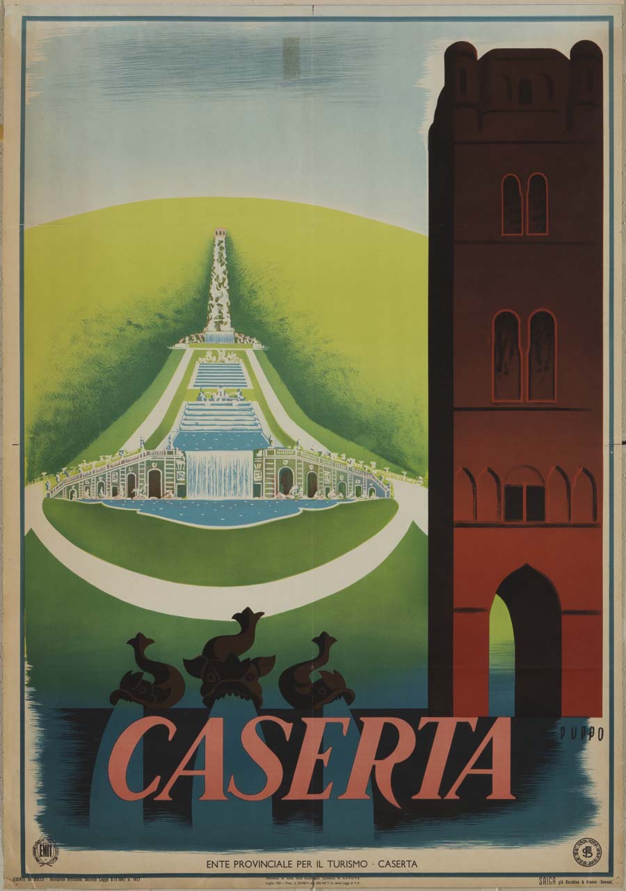 veduta del parco della Reggia di Caserta con grande cascata e fontana; campanile in primo piano (manifesto) di Puppo Mario (sec. XX)