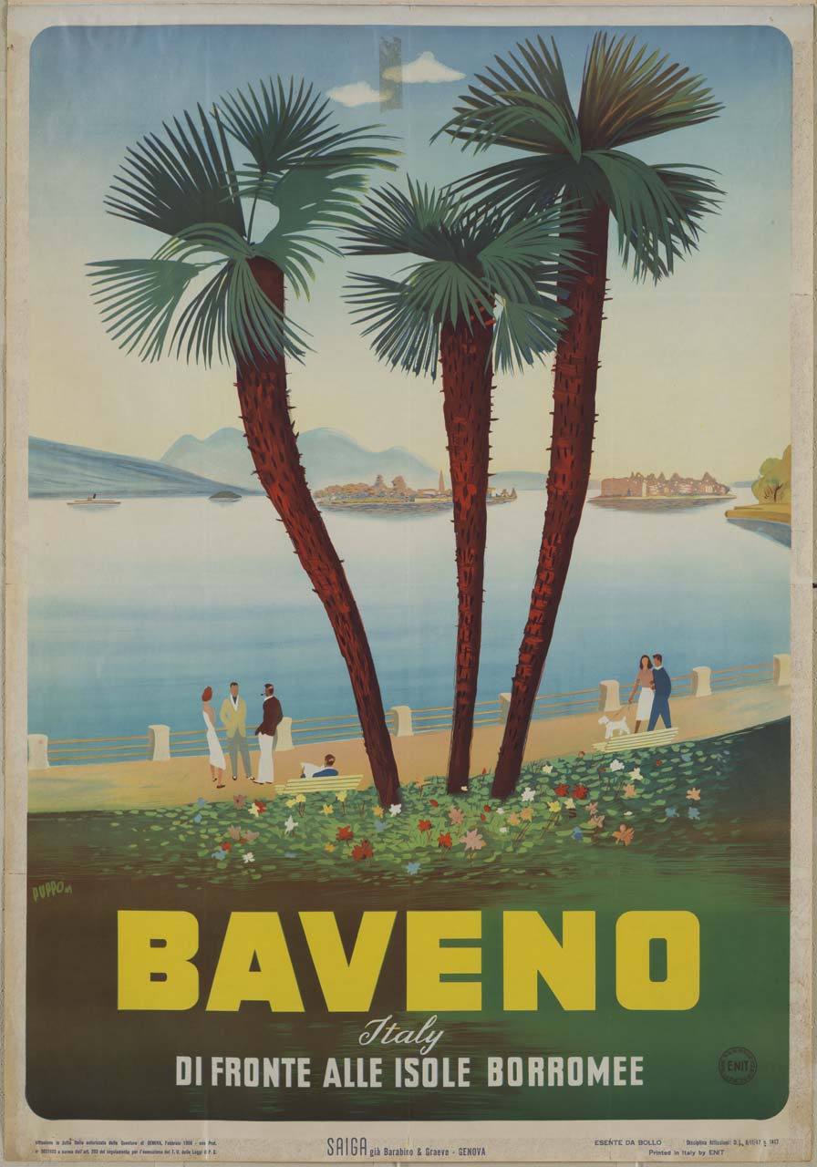 lungolago con palme, passanti e vista su isole (manifesto) di Puppo Mario (sec. XX)
