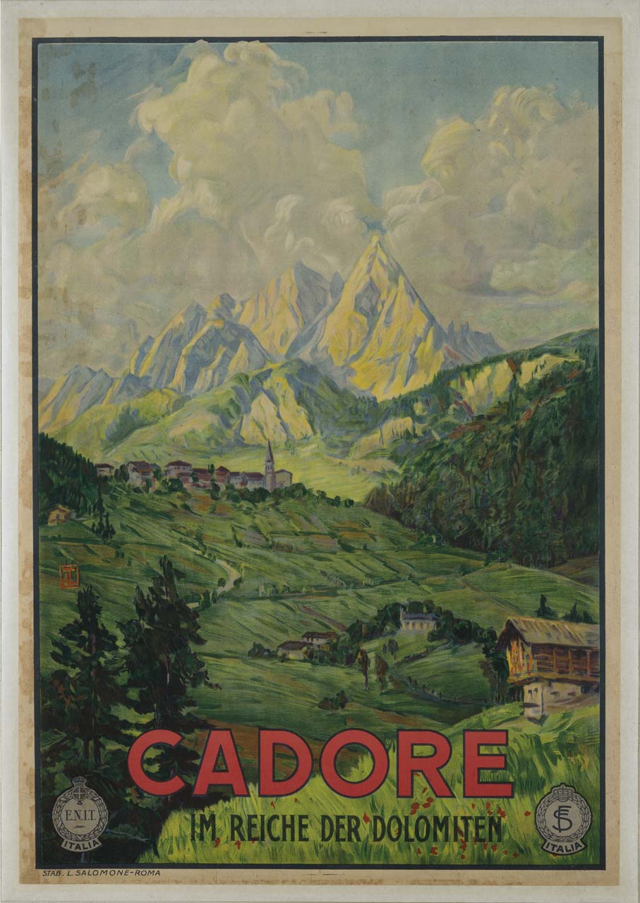 veduta di un paese montano in Cadore chiuso sullo sfondo dalle Dolomiti (manifesto) - ambito italiano (sec. XX)