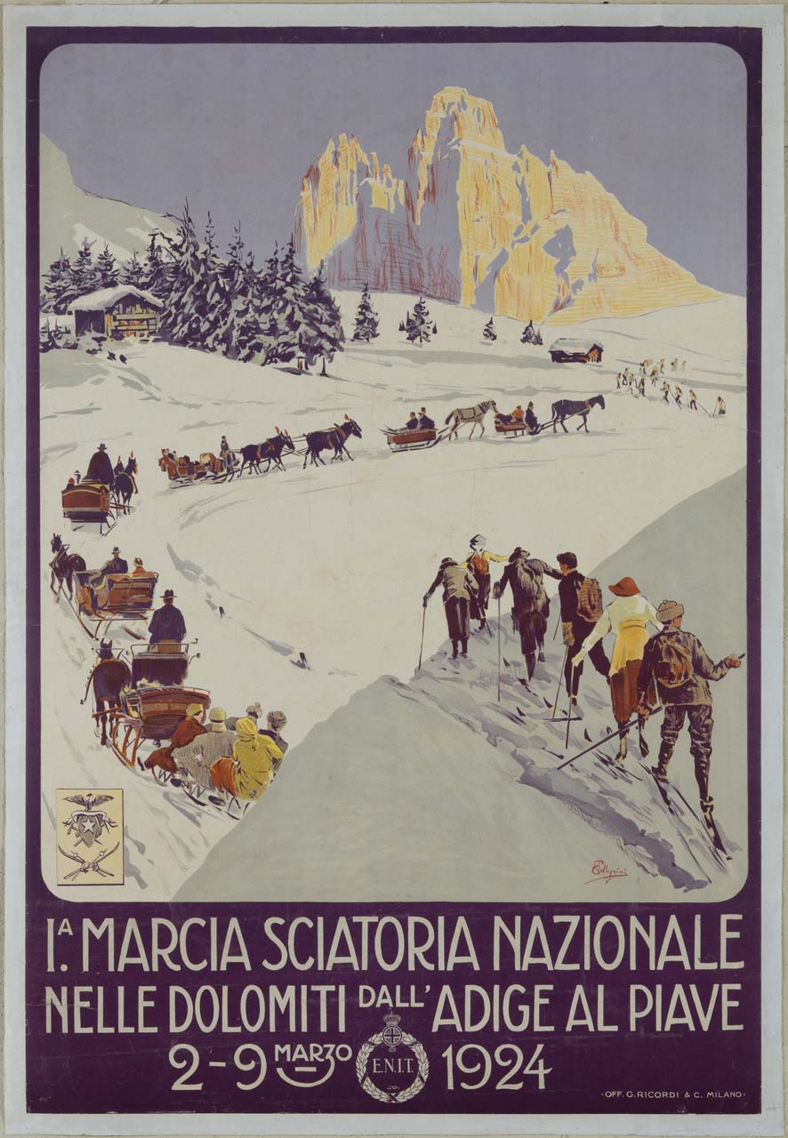 sciatori e spettatori trasportati su slitte da neve durante la marcia sciatoria nazionale nelle Dolomiti (manifesto) di Pellegrini Carlo (sec. XX)