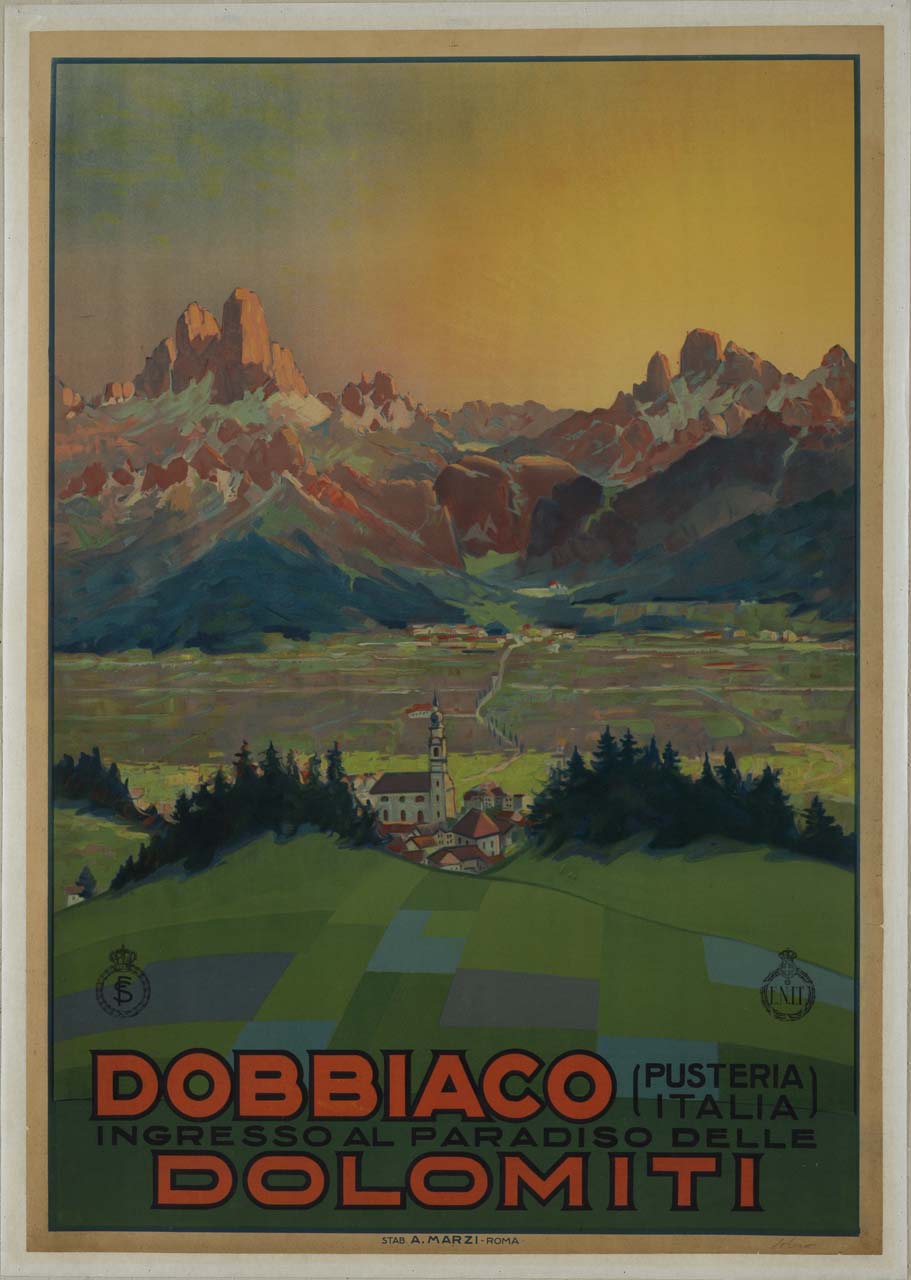 veduta del paese di Dobbiaco chiuso sullo sfondo dalle Dolomiti e dalle tre Cime di Lavaredo (manifesto) di Solero Pio - ambito italiano (sec. XX)