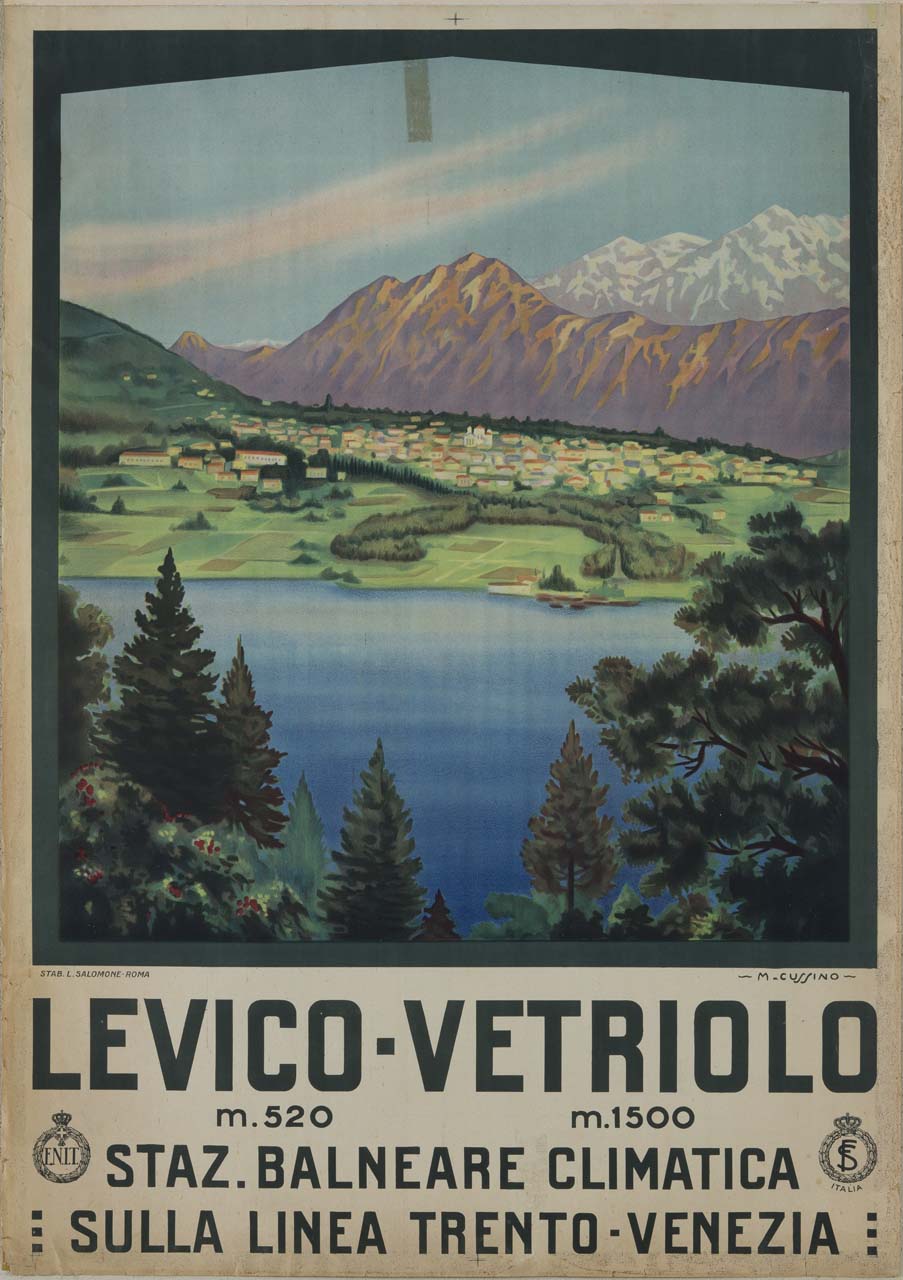 veduta del paese di Levico affacciato sull'omonimo lago (manifesto) di Cussino Mario (sec. XX)