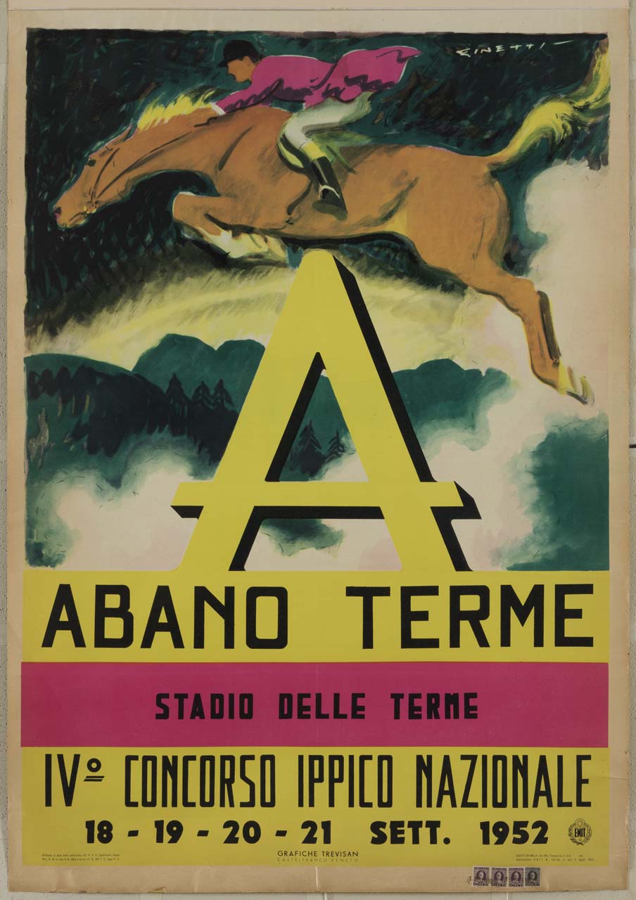 cavallo con fantino in salto su grande lettera A (manifesto) di De Finetti Gino (sec. XX)