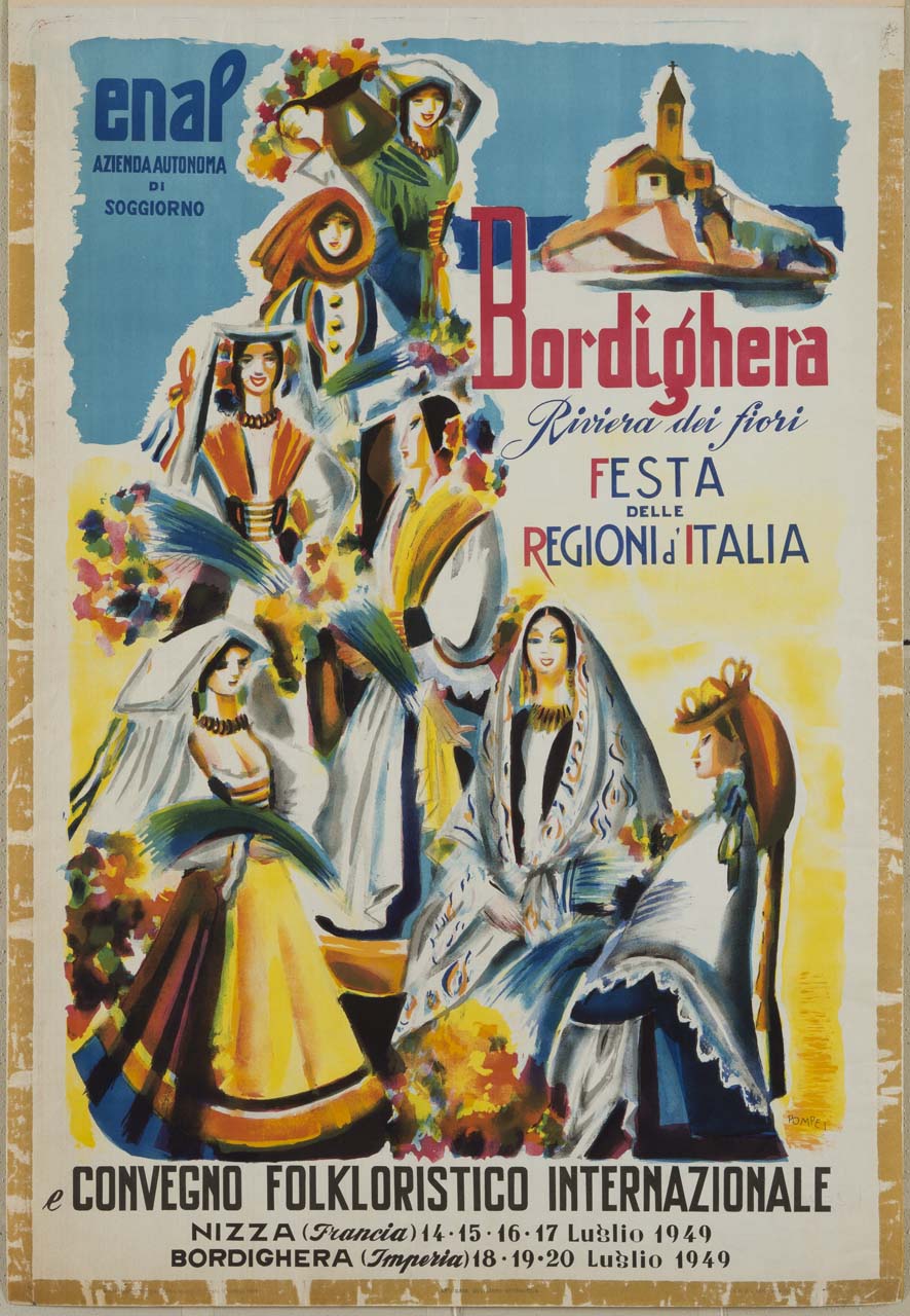 figure femminili con costumi regionali e fiori; veduta della chiesa di Sant'Ampelio di Bordighera (manifesto) di Pompei Mario (sec. XX)