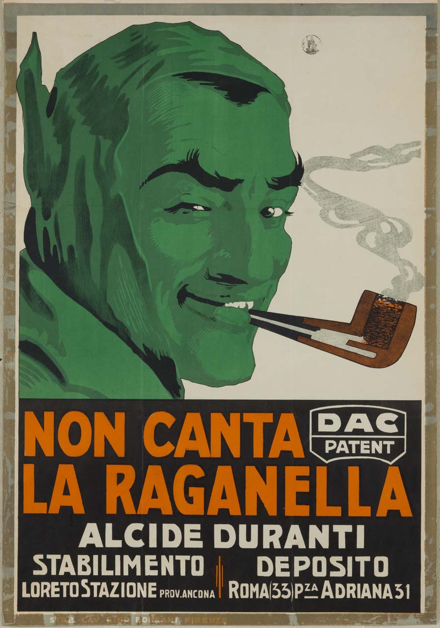 uomo con tratti mefistofelici e carnagione verde fuma una pipa (manifesto) - ambito italiano (sec. XX)