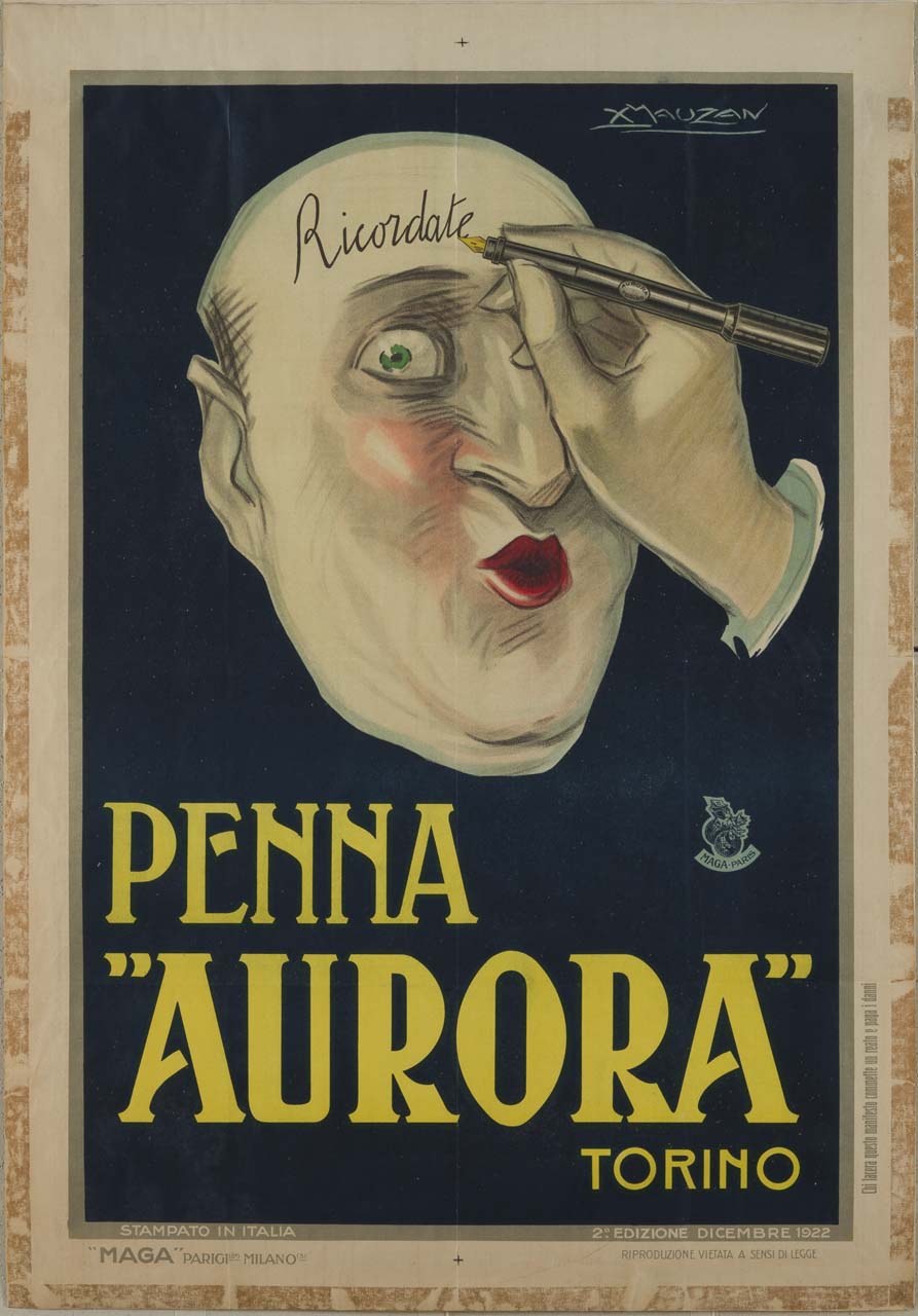 mano con penna stilografica scrive sulla fronte di un uomo (manifesto) di Mauzan Achille Luciano (sec. XX)