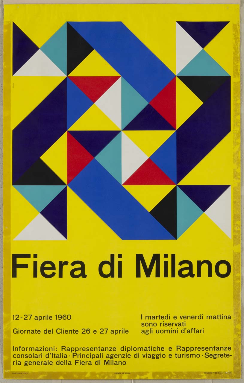 composizione geometrica astratta, multicolore, su sfondo giallo (manifesto) di Bonini Ezio (sec. XX)