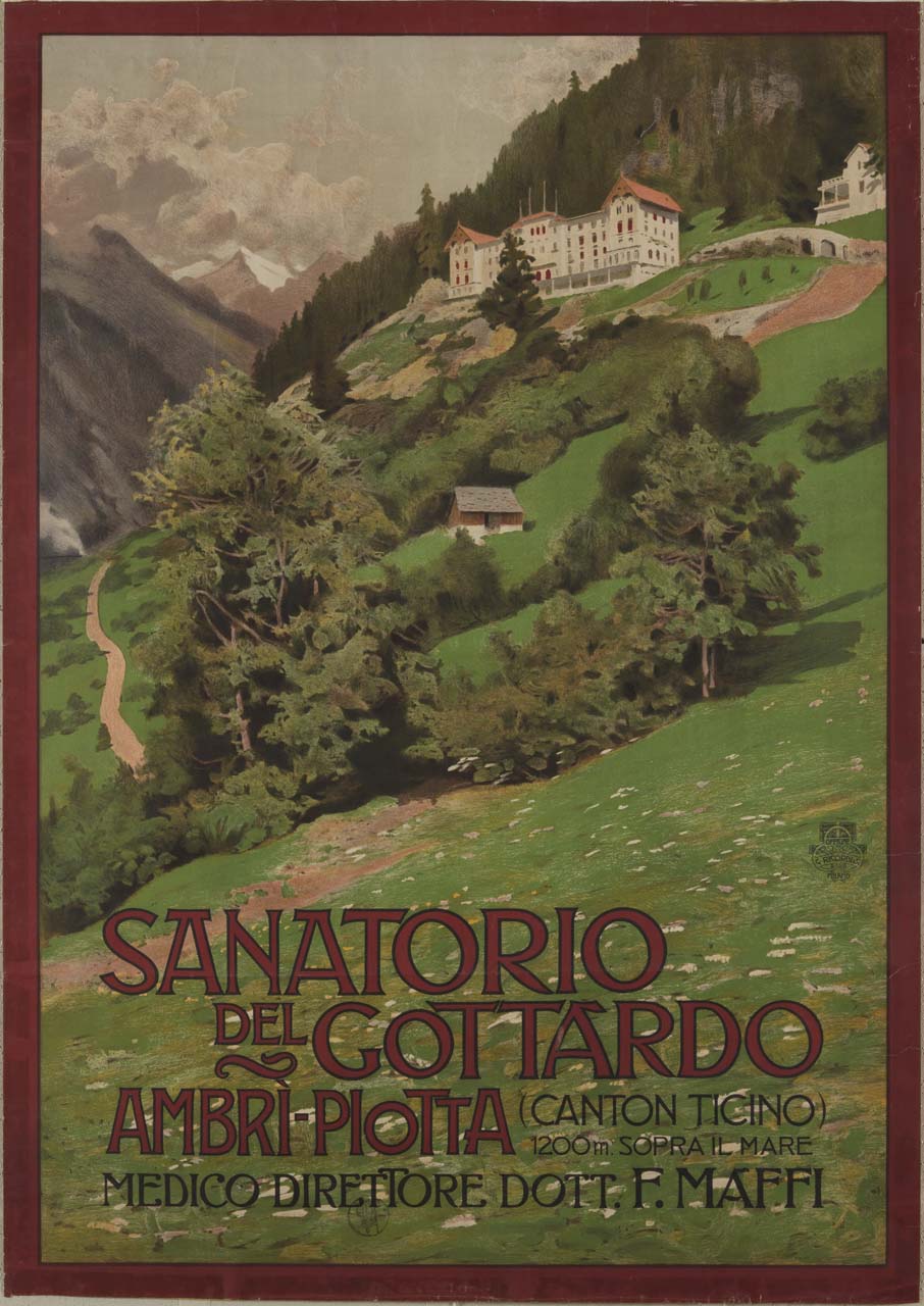 edificio del sanatorio del Gottardo, collocato in una valle di montagna (manifesto) - ambito italiano (sec. XX)