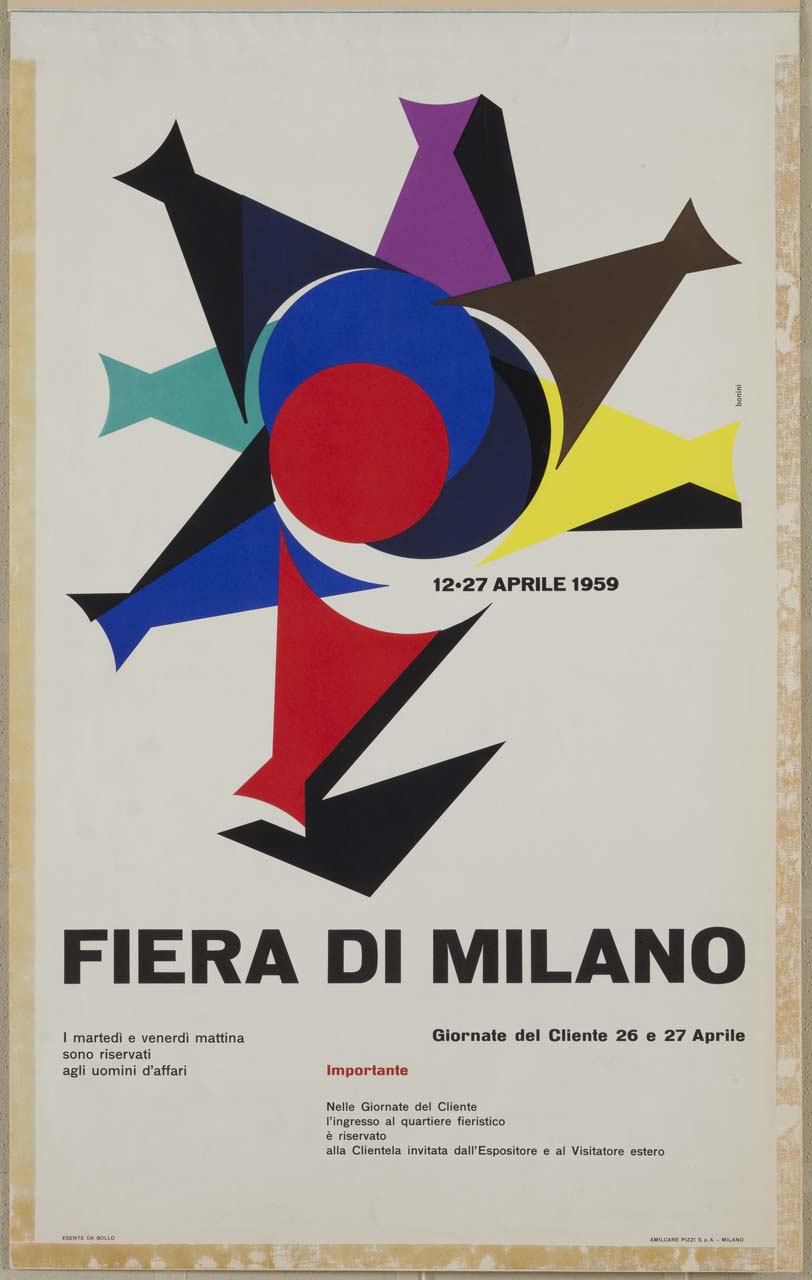 composizione geometrica astratta multicolore (manifesto) di Bonini Ezio (sec. XX)