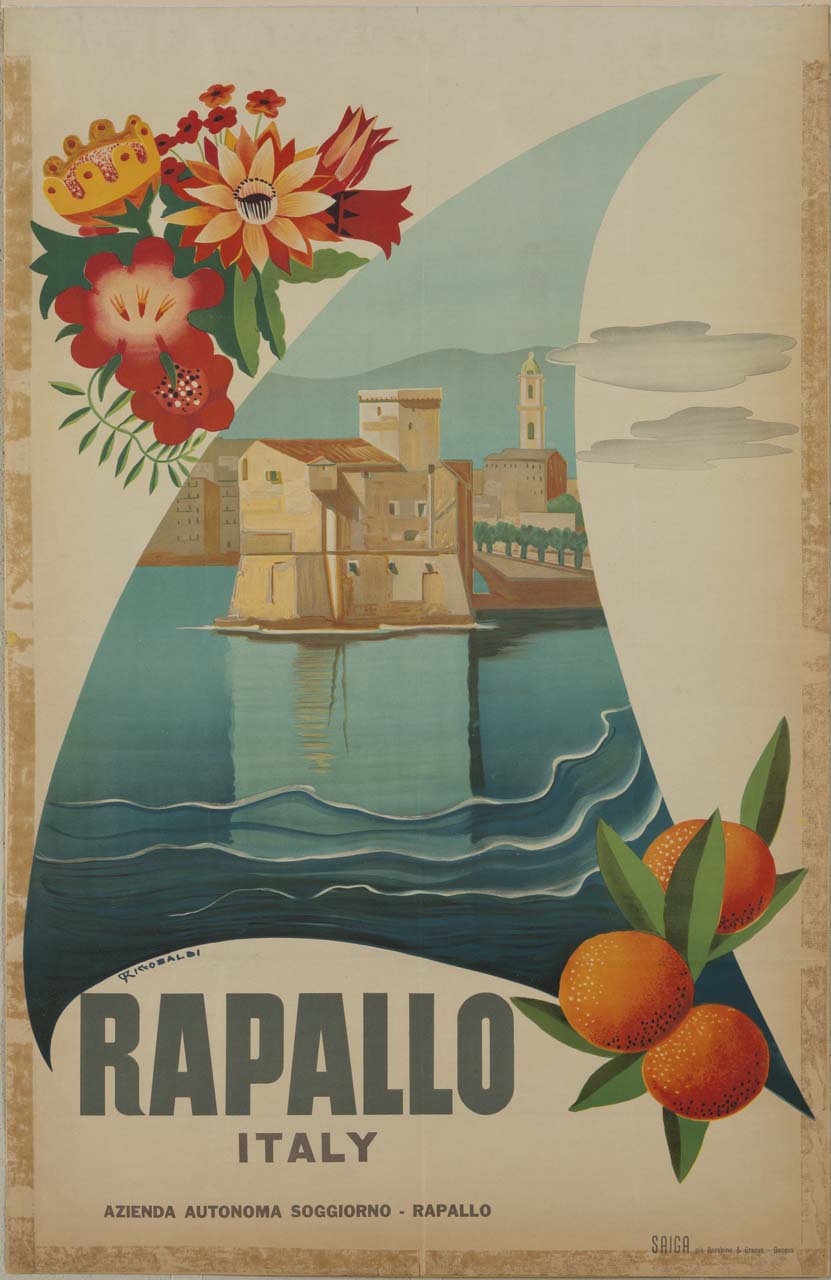 riquadro a forma di vela col castello di Rapallo affacciato sul mare, pieve di Santo Stefano; nuvole, fiori e arance (manifesto) di Riccobaldi Del Bava Giuseppe (sec. XX)