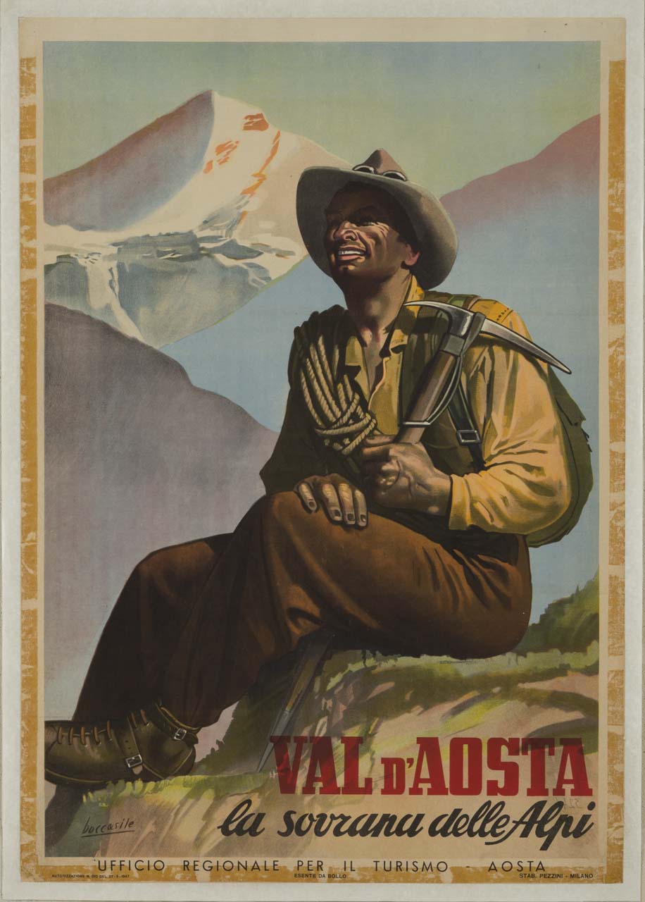 figura maschile con picozza, scarponi, cappello e zaino seduto tra le montagne (manifesto) di Boccasile Gino (sec. XX)