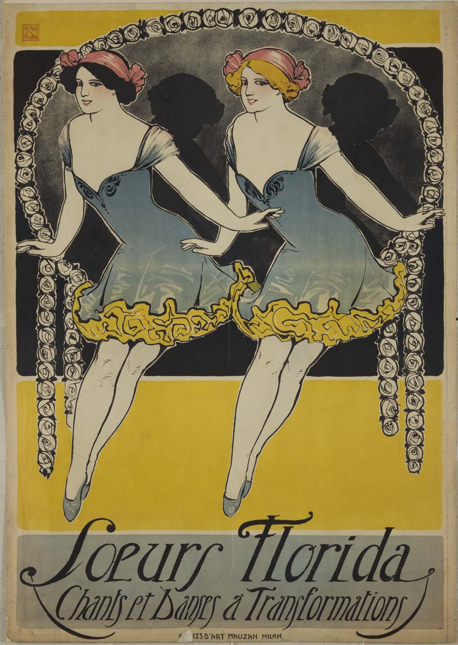 due ragazze dal viso identico, una bionda e l'altra mora, ballano entro cornice di fiori (manifesto) di Mauzan Achille Luciano (sec. XX)