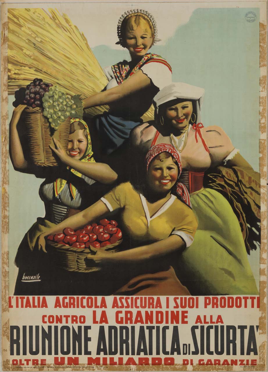 quattro contadine in abiti regionali tradizionali portano cesti con i prodotti agrcioli (manifesto) di Boccasile Gino (sec. XX)