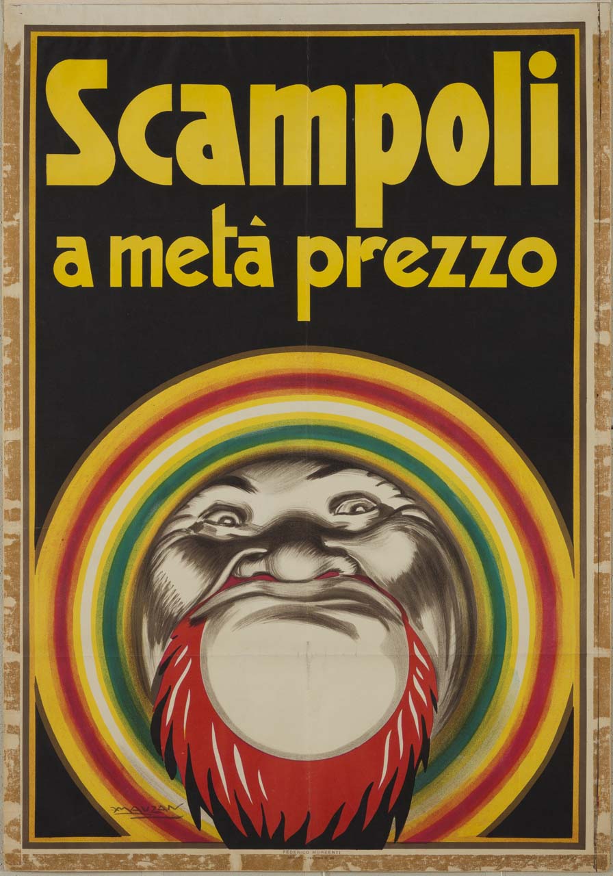 volto di figura maschile con barba che esce da un cerchio colorato (manifesto) di Mauzan Achille Luciano (sec. XX)