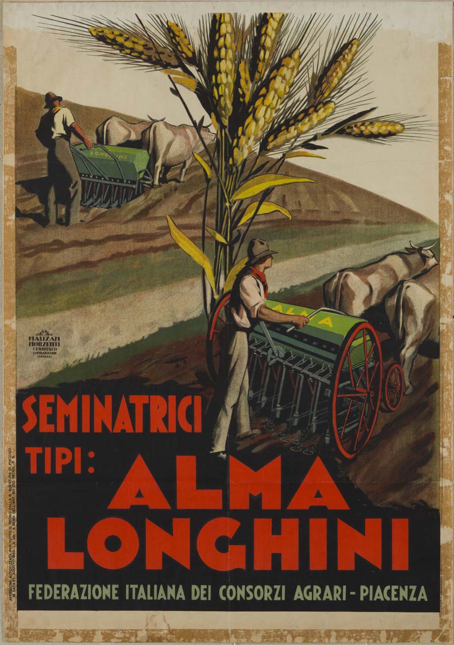 due contadini seminano nei campi con la seminatrice meccanica trainata da buoi; accanto a loro un grande mazzo di spighe (manifesto) di Boccasile Gino (sec. XX)