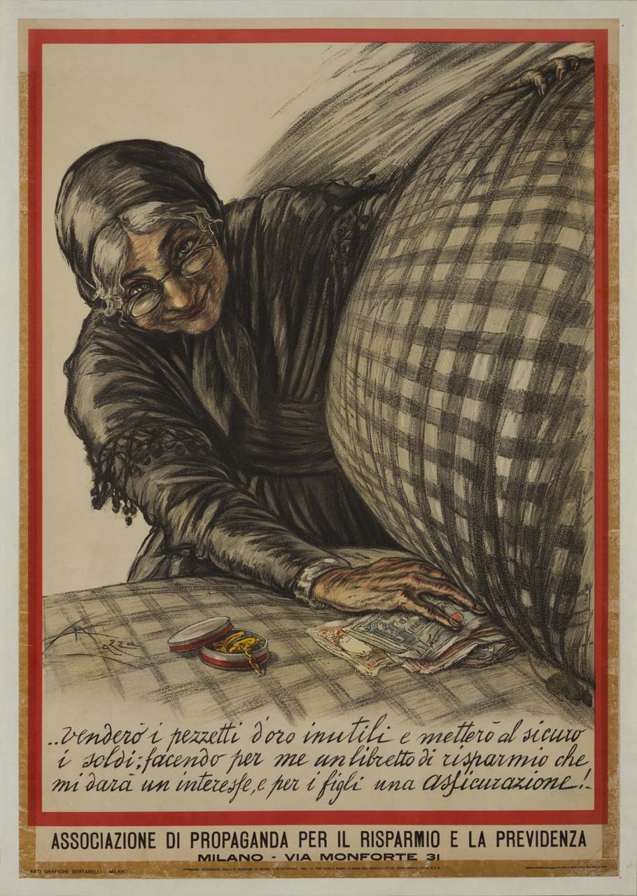 una donna anziana arrotola un materasso sotto il quale sono nascoste banconote e alcuni piccoli gioielli (manifesto) di Mazza Aldo (sec. XX)
