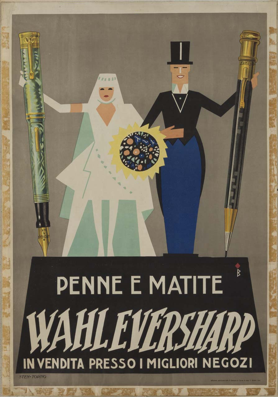 una sposa ed uno sposo che reggono rispettivamente una matita e una penna stilografica (manifesto) di Bernardini Piero (sec. XX)