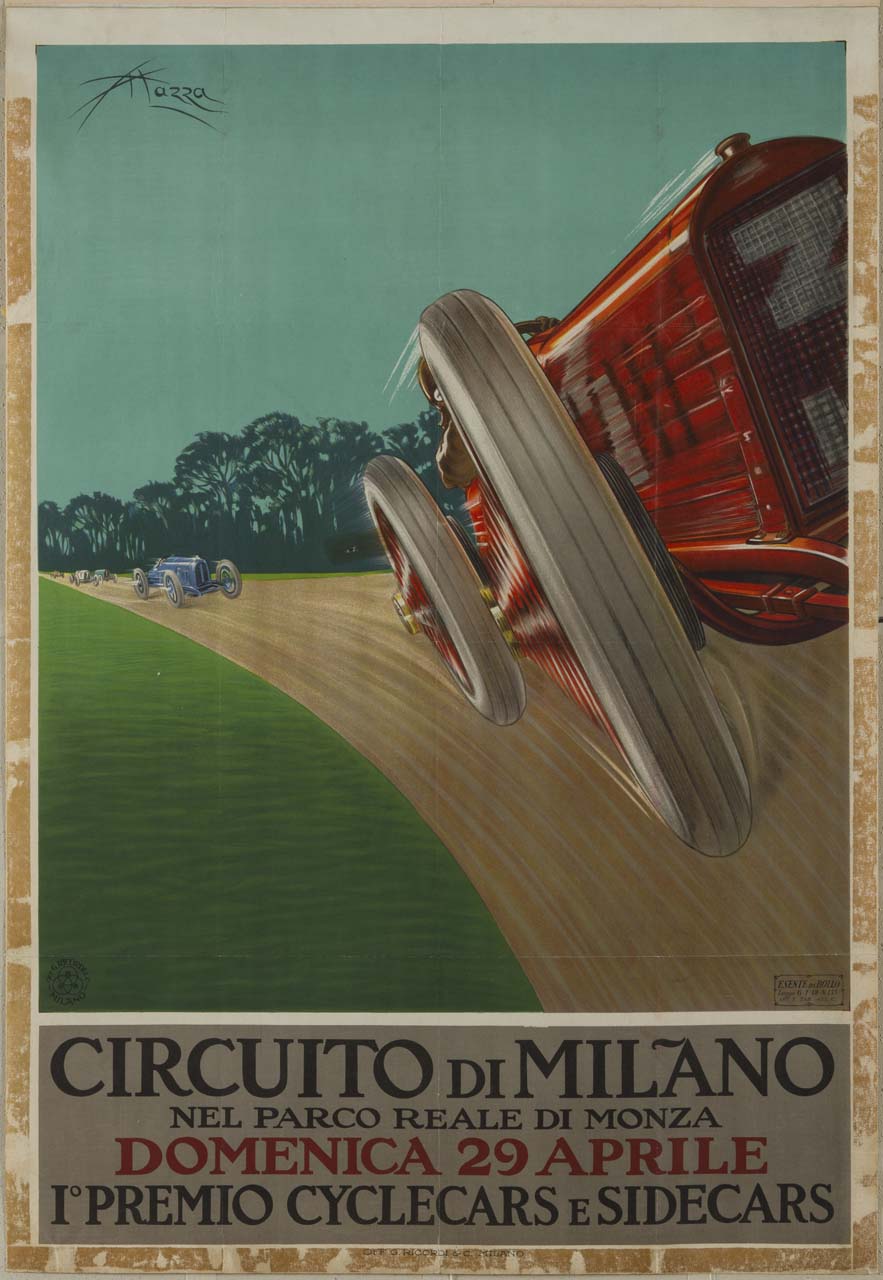 automobili in velocità su una pista e sullo sullo sfondo alberi (manifesto) di Mazza Aldo (sec. XX)